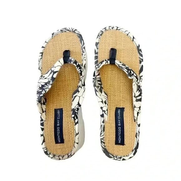 Montego Bay Wedge Sandal Platform Thong White Blue Floral Print Size 7.5 - Picture 7 of 13
